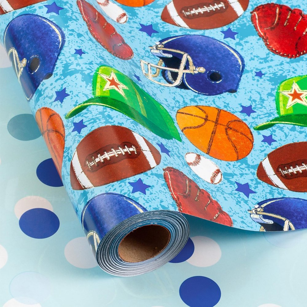Merture Blue Wrapping Paper Roll Sports Themed - Mini Roll - Ball Game Design Gift Wrap Paper for Birthday, Baby Shower, Gender Reveal Party, League Winning Celebration - 17In X 32.8Ft