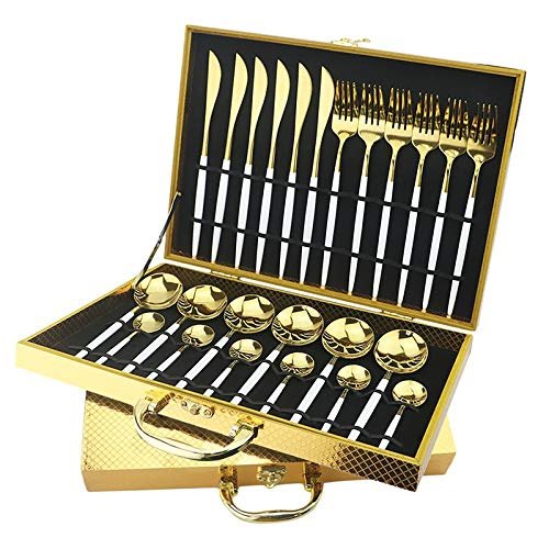 24 Piece Stainless Steel Tableware Gift Box 24pc Tableware Gift Box Portuguese Tableware Gift Box Set(White Gold)