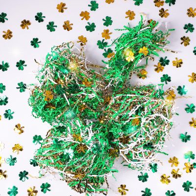 Moinchore 1 lb St Patrick's Day Crinkle Cut Paper Shred Filler with Clover Confetti Metallic White Green Gold Mix Basket Filler shredded paper for gift baskets Raffia Tissue Cushion for Box Packaging