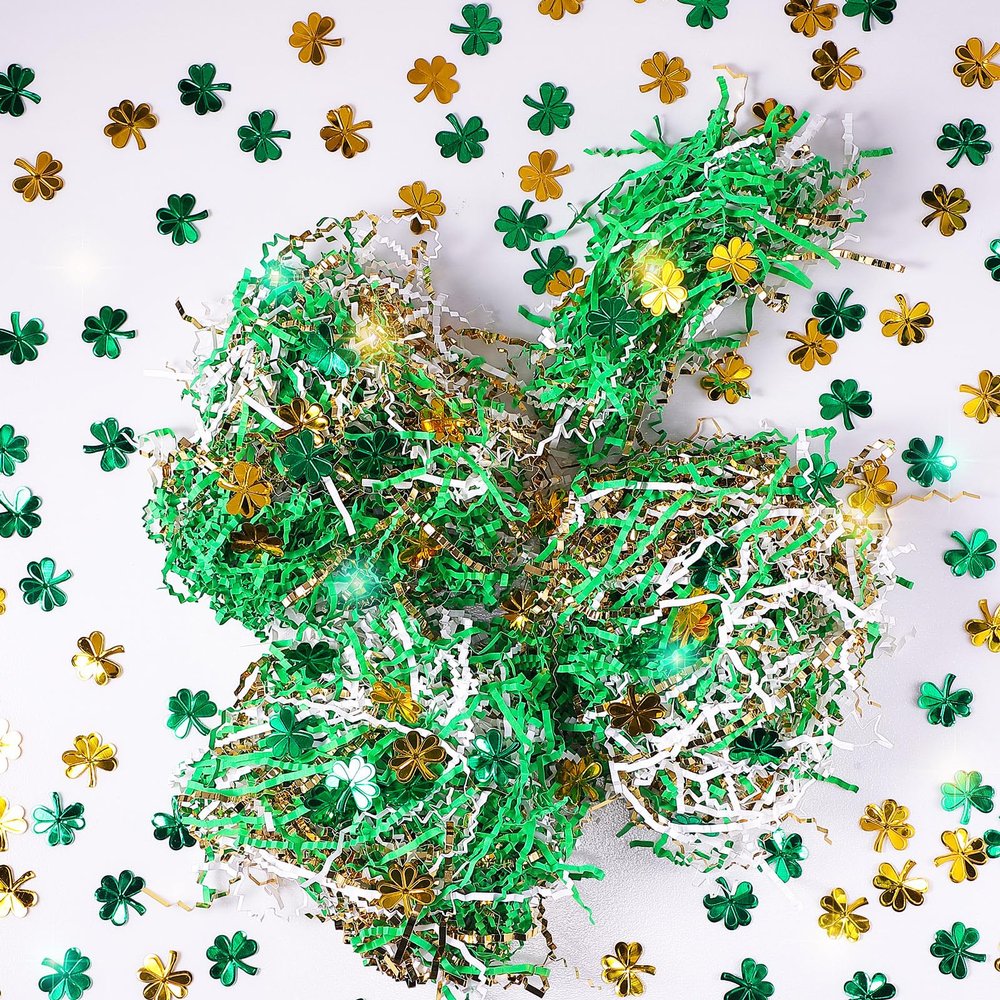 Moinchore 1 lb St Patrick's Day Crinkle Cut Paper Shred Filler with Clover Confetti Metallic White Green Gold Mix Basket Filler shredded paper for gift baskets Raffia Tissue Cushion for Box Packaging