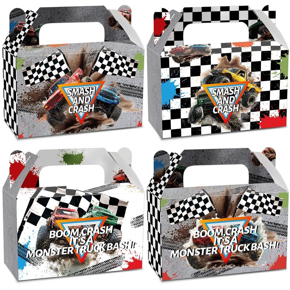 12Pcs Gray Monster Truck Treat Boxes Smash and Crash Monster Truck Birthday Party Decorations Racing Themed Favor Gift Boxes Race Cars Goodie Box for Kids Boys Birthday Party Supplies 6 x 3 x 3.6