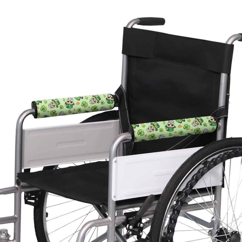 Maiyoinou Saint Patricks Day 2PCS Wheelchair Armrest Pads Durable Universal Skull Four Leaves Wheelchair Arm Covers Padded for Office Transport Chair Mobility Scooter
