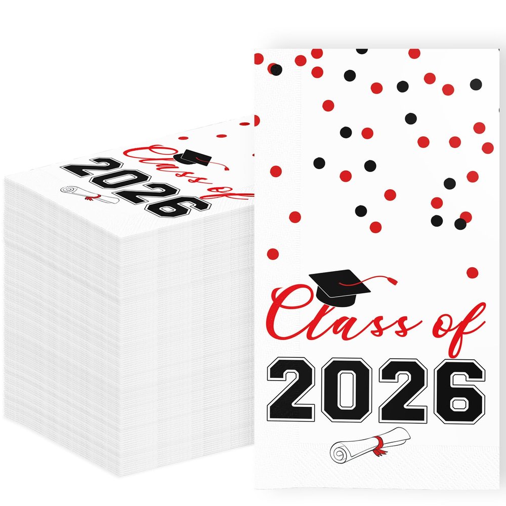 2026 Graduation Disposable Paper Napkins, Guest Dinner Hand Towels for College School Grad Class Congrats Celebration, Cocktail Party Decorations (80, Red & Black)