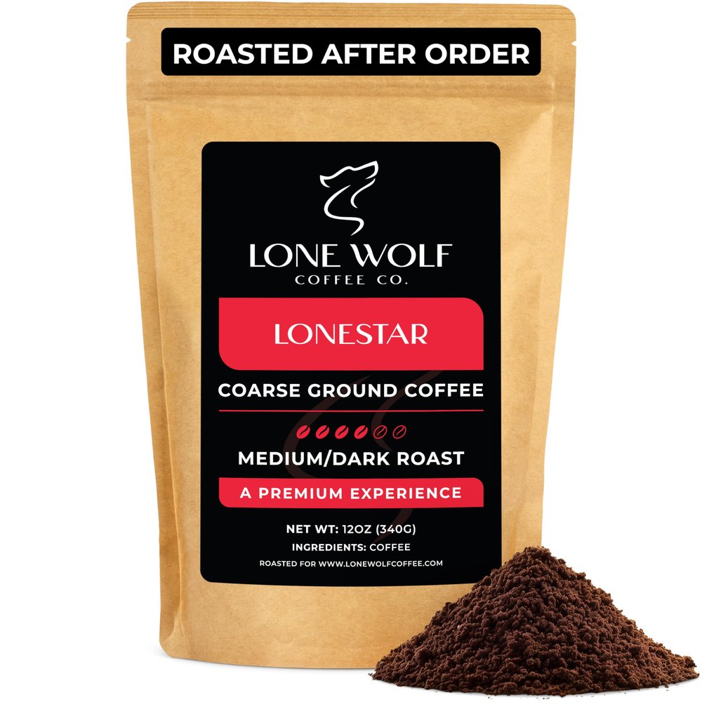 Lonestar - Freshly Roasted After Your Order Specialty Grade, Low Acid, Artisanal Medium to Dark Roast Coarse Ground Bean Coffee, No Bitterness, Ethically Sourced, 12OZ Compostable Bag