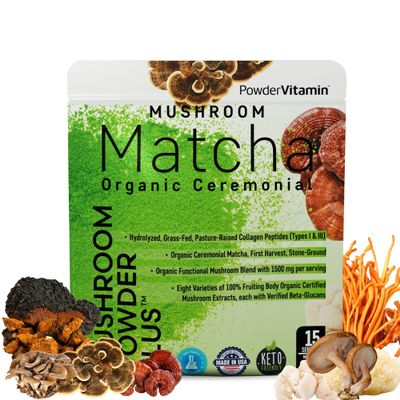 PowderVitamin Organic Mushroom Matcha Powder Certified Pesticide-Free Grass-Fed Collagen Types I & III, 8 Fruiting Body Mushrooms Tested for Beta-Glucans Focus Digestion & Immunity 15 Servings