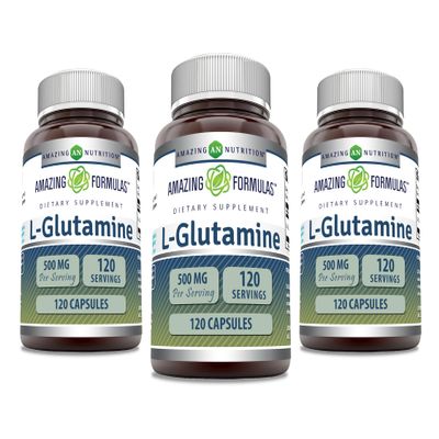 Amazing Formulas L-Glutamine 500 mg Capsules | Amino Acid Supplement | Non-GMO | Gluten Free | Made in USA (3 Pack, 120 Count)