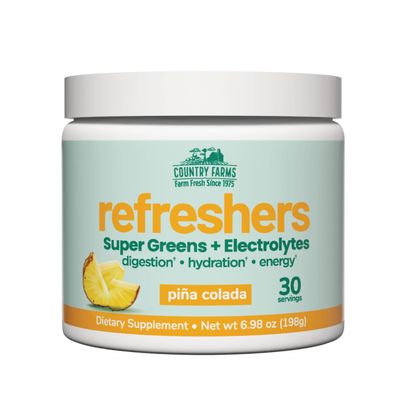 Country Farms Refreshers, Super Greens and Electrolytes, Essential Minerals and Superfoods, Hydration Support, Promotes Natural Energy, with Fiber, Pia Colada, 30 Servings