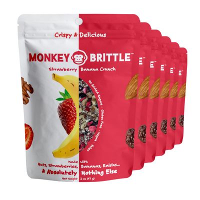 Monkey Brittle Healthy Snacks, Crispy Plant-Based Treats for Kids & Adults, Vegan & Gluten-Free, All-Natural Snack for School, Sports, Camping & On-the-Go (Pack of 6), Strawberry Banana Crunch