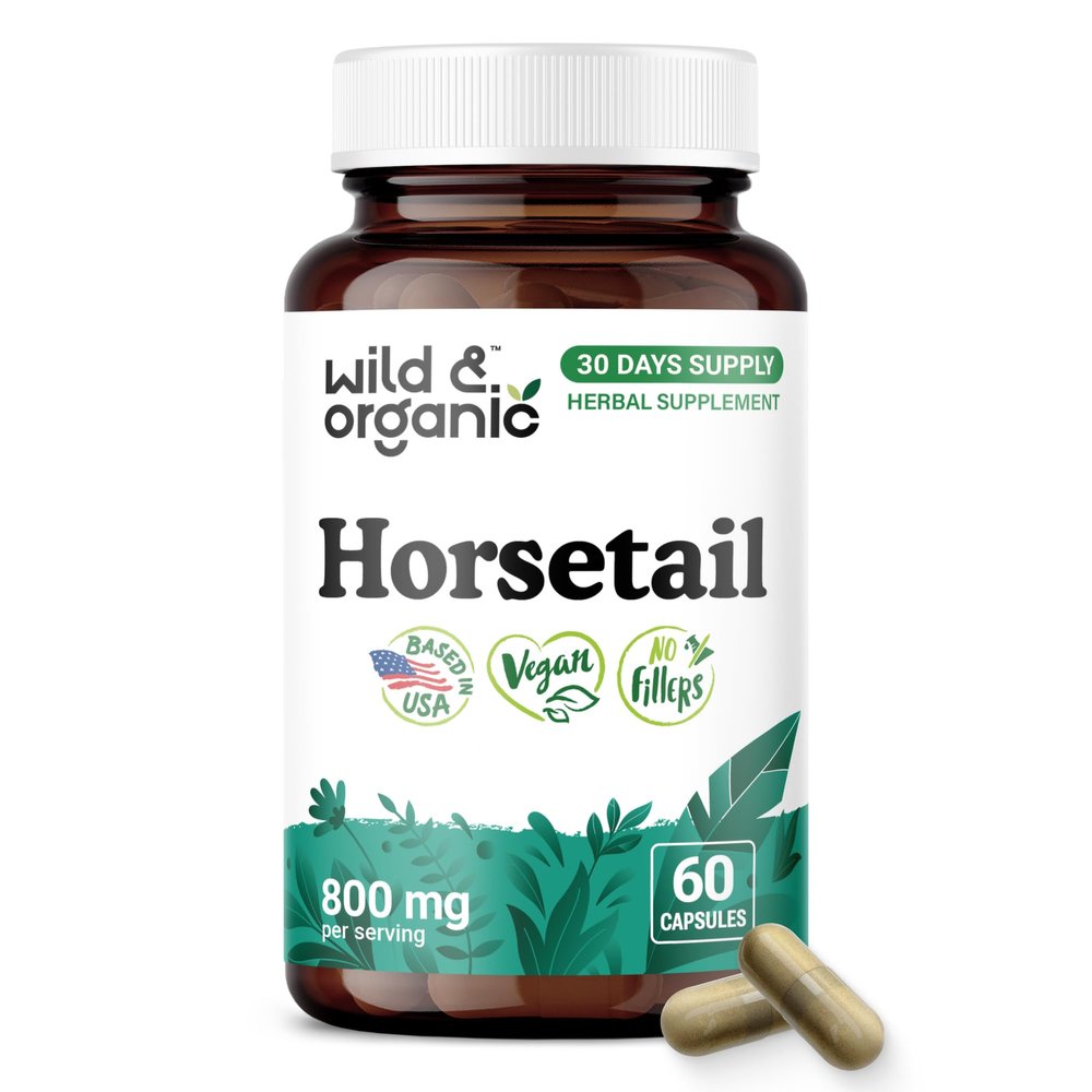 Wild & Organic Horsetail Herb Capsules 800 mg - Hair, Skin & Nail Support with Horsetail Extract Supplement - 60 Vegan Capsules - 30 Days Supply - No Fillers, Non-GMO