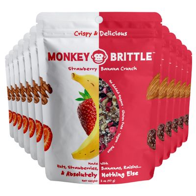 Monkey Brittle Healthy Snacks, Crispy Plant-Based Treats for Kids & Adults, Vegan & Gluten-Free, All-Natural Snack for School, Sports, Camping & On-the-Go (Pack of 12), Strawberry Banana Crunch