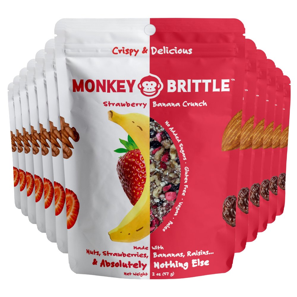 Monkey Brittle Healthy Snacks, Crispy Plant-Based Treats for Kids & Adults, Vegan & Gluten-Free, All-Natural Snack for School, Sports, Camping & On-the-Go (Pack of 12), Strawberry Banana Crunch