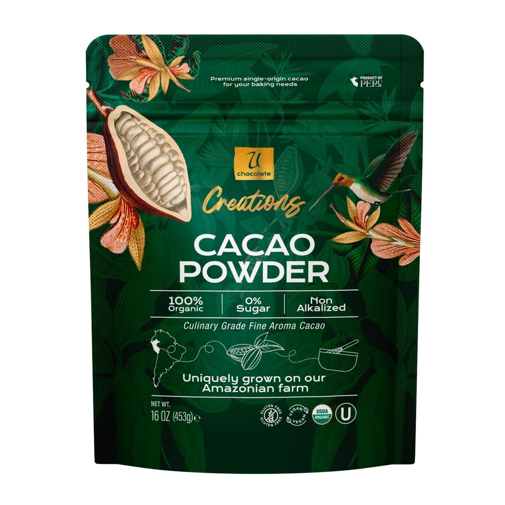 U Chocolate Organic Cacao Powder, Unsweetened & Unalkalized Fresh from our Farm Vegan, Allergen-Free, Single-Origin for Baking & Smoothies 16 oz