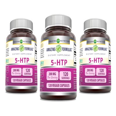 Amazing Formulas 5 HTP (L-5-Hydroxytryptophan) Supplement | 200 Mg per Serving | Veggie Capsules | Non-GMO | Gluten-Free | Made in USA (120 Count, Pack of 3)