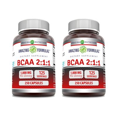 Amazing Formulas BCAA 2:1:1 1000 Mg Per Serving | Capsules | Branched Chain Amino Acids Supplement | Non-GMO | Gluten-Free | Made in USA (2 Pack, 250 Count)