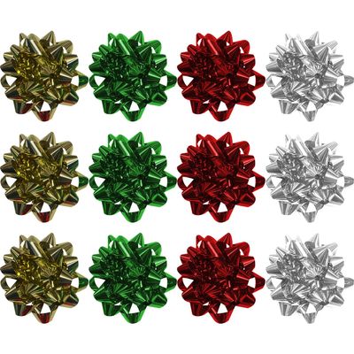 PMU Star Gift Bows Christmas Assortment (Red, Green, Silver, and Gold) Large 4-1/4 Inch (12Pkg) Pkg/1