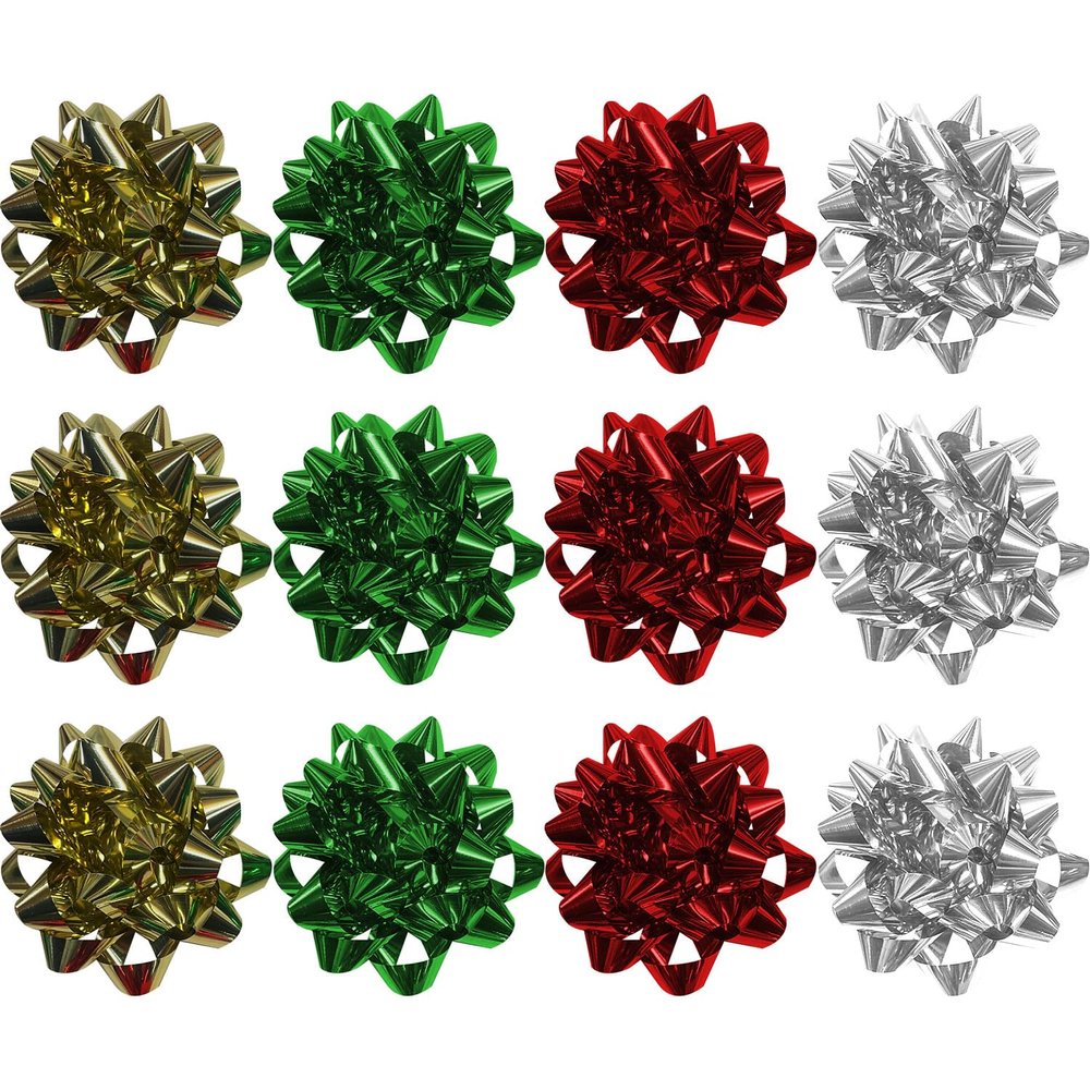 PMU Star Gift Bows Christmas Assortment (Red, Green, Silver, and Gold) Large 4-1/4 Inch (12Pkg) Pkg/1