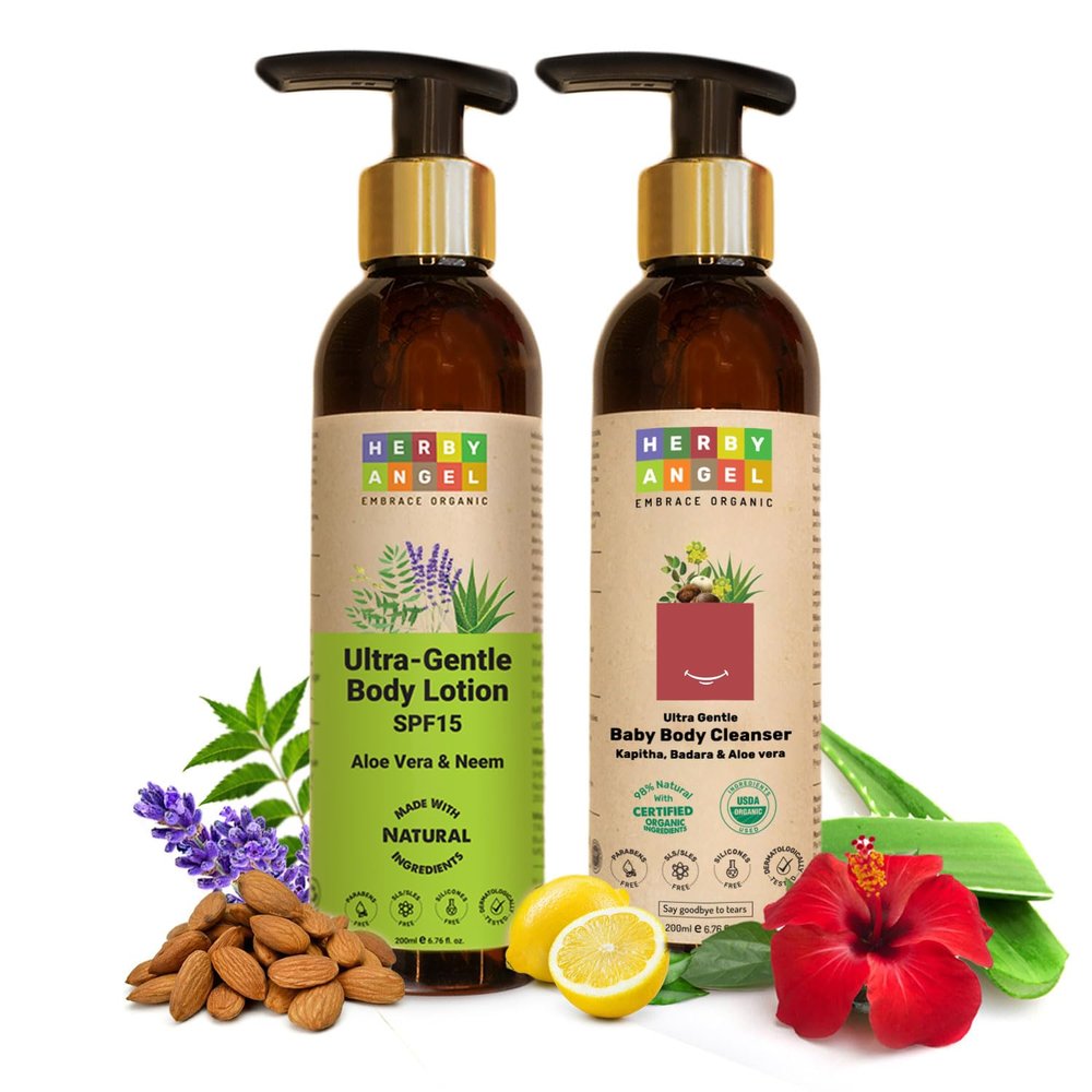HERBY ANGEL Cleanse & Nourish Combo Pack for Kids | Baby Body Cleanser, Baby Face & Body Lotion | Dermatologically Tested, Tear-Free Solution | 200ml each (Pack of 2)