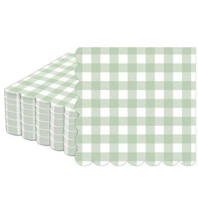100Pcs Sage Green Plaid Napkins Green White Paper Napkin Checkered Party Supplies Scalloped Disposable 5 x 5inches Dinner Guest Napkins for Baby Shower Birthday Barbecue Wedding Spring Party Favor