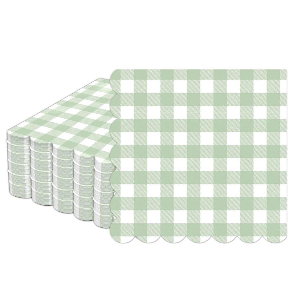 100Pcs Sage Green Plaid Napkins Green White Paper Napkin Checkered Party Supplies Scalloped Disposable 5 x 5inches Dinner Guest Napkins for Baby Shower Birthday Barbecue Wedding Spring Party Favor