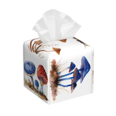 Different Mushrooms Tissue Box Cover Watercolor Colorful Square Pu Leather Waterproof Tissue Box Holder for Car Bathroom Bedroom Office Tabletop Decor