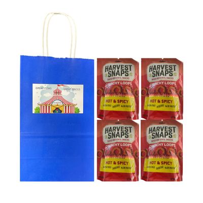 Big Top Deals USA Blue Paper Bag with Harvest Snaps Veggie Chips Crunchy Loops, Hot & Spicy, 4-Pack (5.25x3.2x8) Custom Bundle by Big Top Deals USA, Snack Multipack