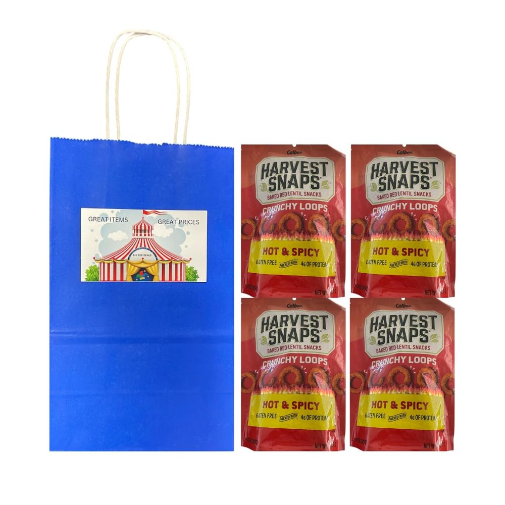 Big Top Deals USA Blue Paper Bag with Harvest Snaps Veggie Chips Crunchy Loops, Hot & Spicy, 4-Pack (5.25x3.2x8) Custom Bundle by Big Top Deals USA, Snack Multipack