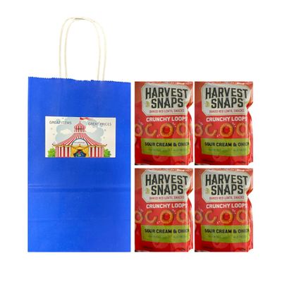 Big Top Deals USA Blue Paper Bag with Harvest Snaps Veggie Chips Crunchy Loops, Sour Cream & Onion, 4-Pack (5.25x3.2x8) Custom Bundle