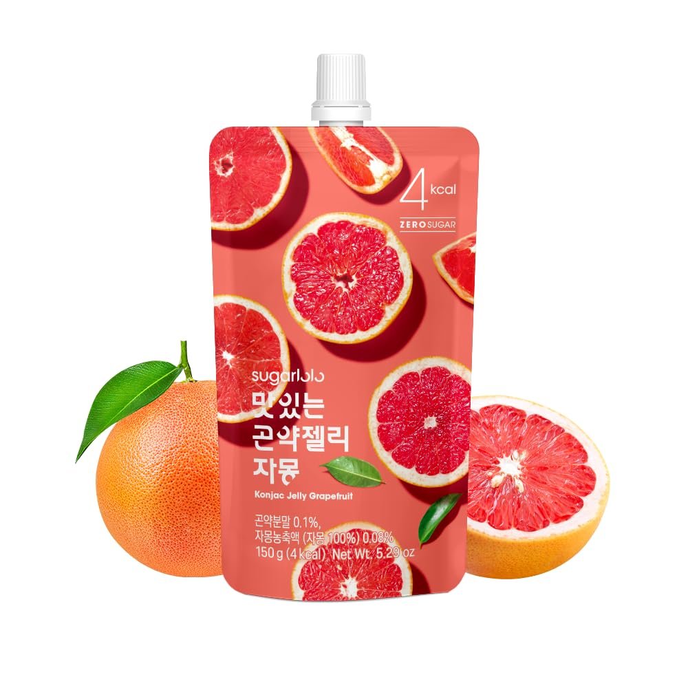 Sugarlolo Konjac Sweet Grapefruit Jelly Snack - Vegan Jello with Zero Sugar | Only 4 Calories per Pouch | Low Calorie Korean Snacks | 5.29 Oz (150g) | 10 Pack