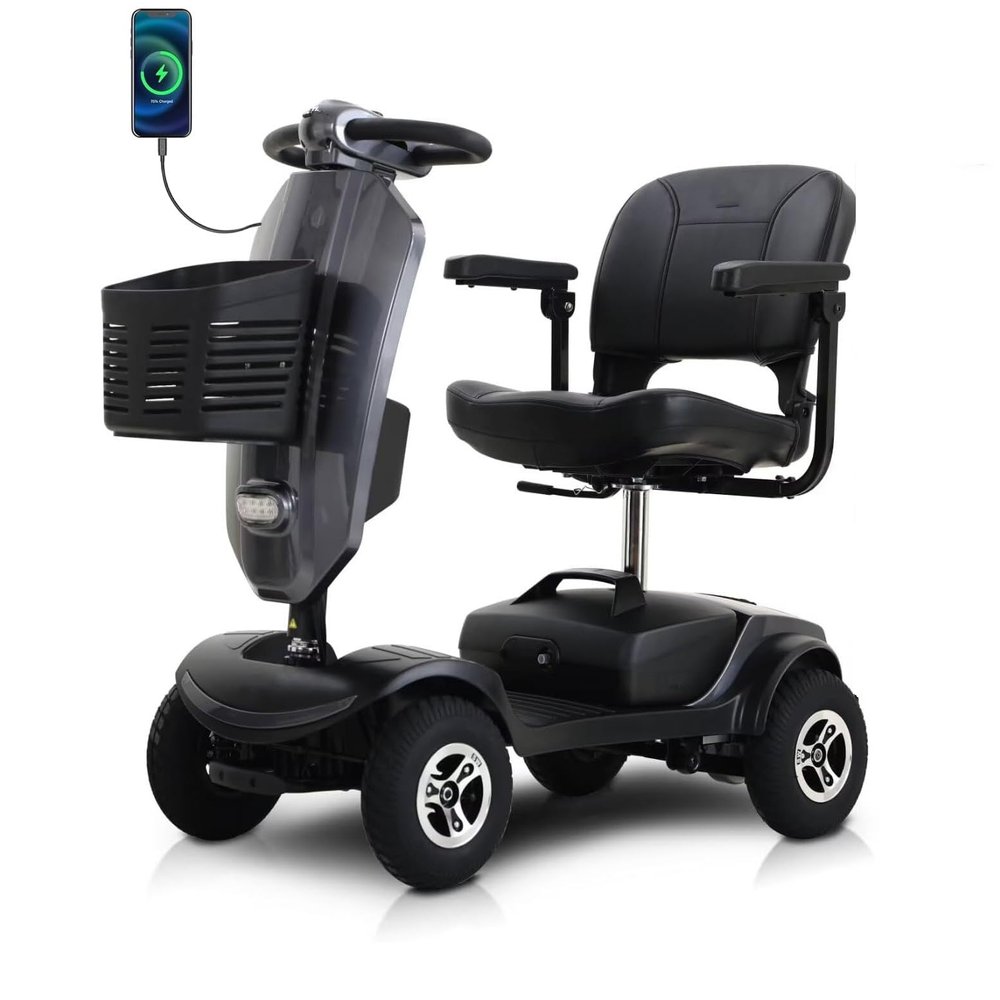 4 Wheel Powered Mobility Scooters 400 Lb Capacity Electric Powered Wheelchair Device - Compact Heavy Duty Mobile for Travel, Adults, Elderly - USB Charging Port 16 Miles Long Range-Grey
