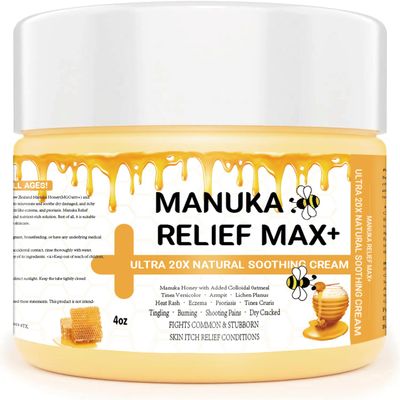 Max Strength Treat Natural Organic Manuka Honey Cream Ointment, Soothing Relief for Dry, Heat Rash, Itching, Eczema, Psoriasis, Leg, Stomach, Armpit, Foot, Hand, Irritated Skin For All Ages