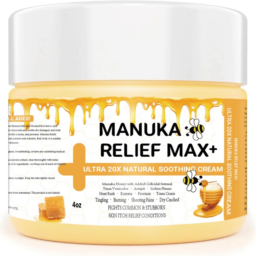 Max Strength Treat Natural Organic Manuka Honey Cream Ointment, Soothing Relief for Dry, Heat Rash, Itching, Eczema, Psoriasis, Leg, Stomach, Armpit, Foot, Hand, Irritated Skin For All Ages