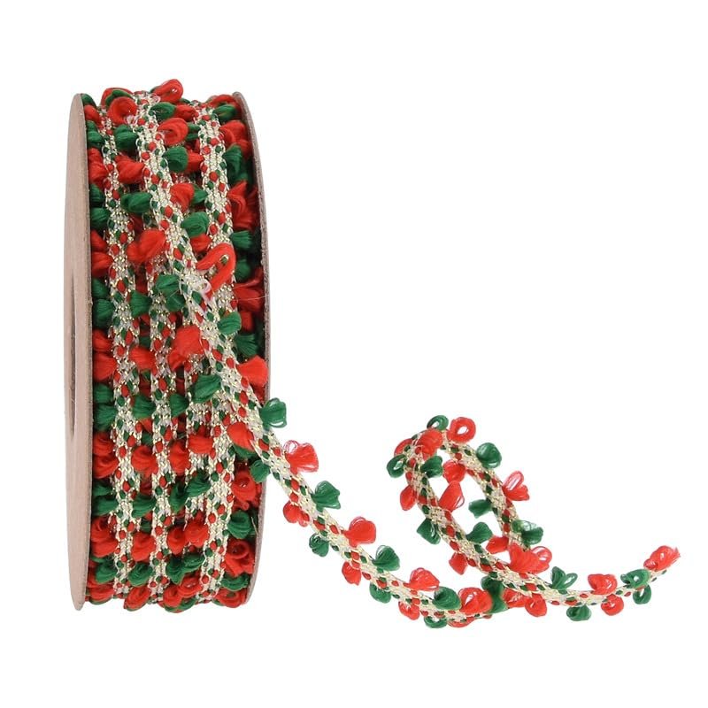 0.4 Inches 10 Yards Christmas Ribbon, Red Green Tassel Ball Tassel Decal Ribbon for DIY Winter Holiday Crafts, Gift Packaging, Christmas Party Decoration