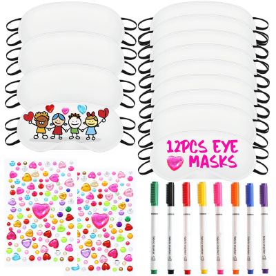 22 PCS Sleepover Party Supplies, 12 PCS Sleep Eye Masks White Blindfold Slumber Eye Covering with 2 Sheets Self-Adhesive Heart Rhinestones Gems&8 PCS Fabric Marker Pens
