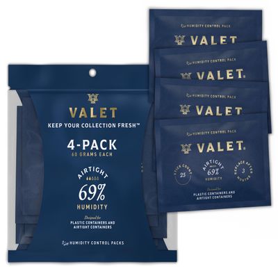 Valet 69% Two-Way Humidity Packs 4-Pack (60g), Two-Way Humidity Control Packs for Airtight & Plastic Containers, Moisture Absorber, Made in USA