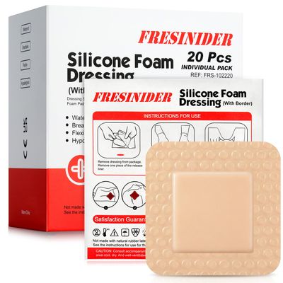 FRESINIDER Silicone Foam Dressing with Adhesive Border, 20 Pack, 2" x 2" Small Foam Wound Dressings, Gentle Silicone Adhesion, Breathable & Comfortable, for Minor Cuts, Burns & Post-Surgical Care