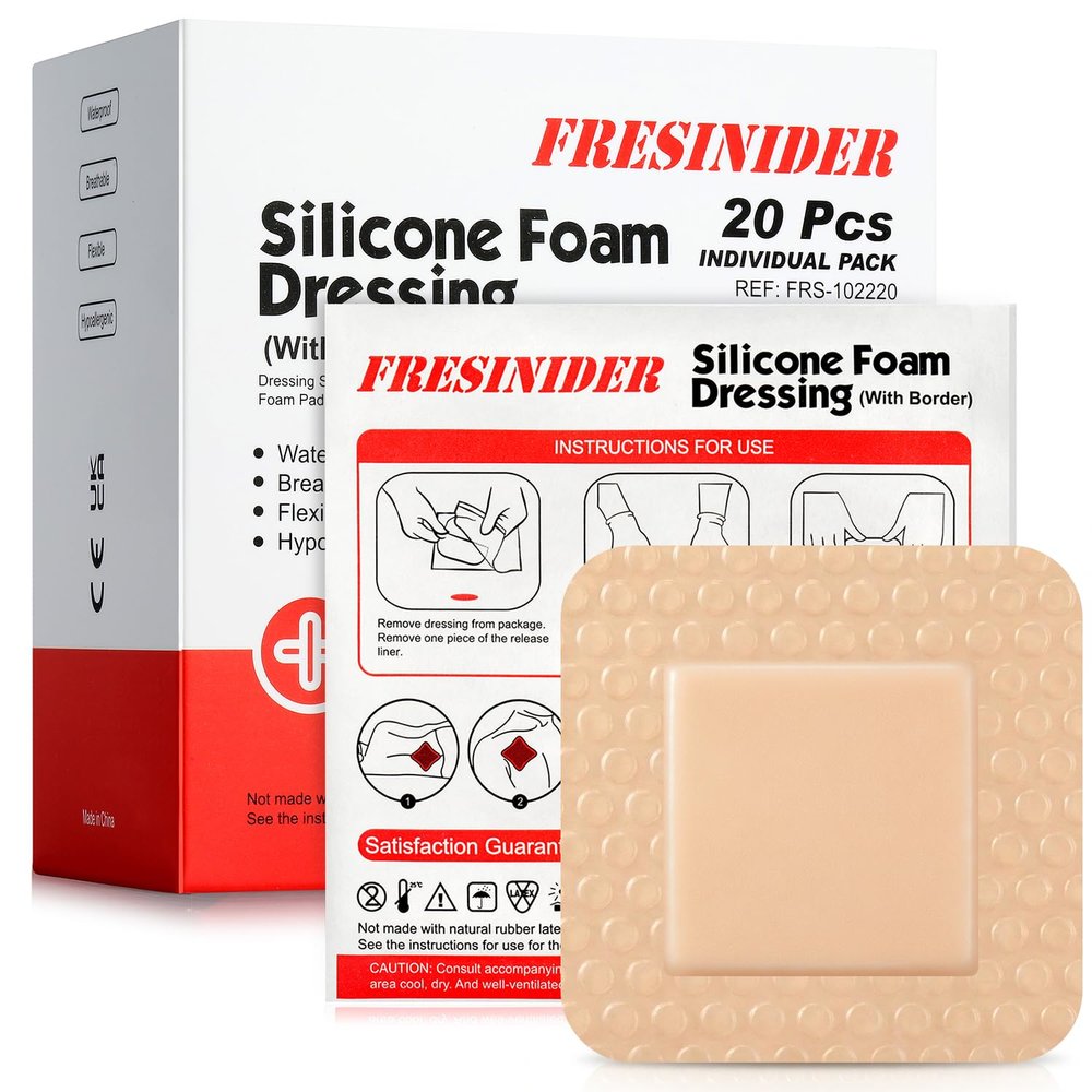FRESINIDER Silicone Foam Dressing with Adhesive Border, 20 Pack, 2" x 2" Small Foam Wound Dressings, Gentle Silicone Adhesion, Breathable & Comfortable, for Minor Cuts, Burns & Post-Surgical Care