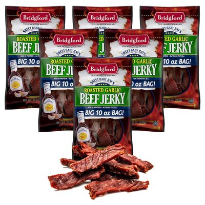 Bridgford Sweet Baby Ray's Beef Jerky Roasted Garlic 10 oz Pack of 6 - Healthy High Protein Beef Jerky for Your Dietary Preferences - Ready-to-Eat Snacks for On-The-Go Snacking and Busy Lifestyles