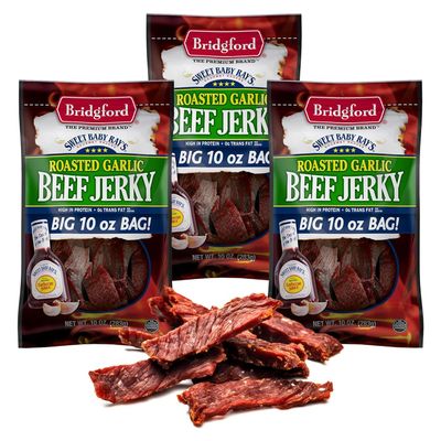Bridgford Sweet Baby Ray's Beef Jerky Roasted Garlic 10 oz Pack of 3 - Healthy High Protein Beef Jerky for Your Dietary Preferences - Ready-to-Eat Snacks for On-The-Go Snacking and Busy Lifestyles