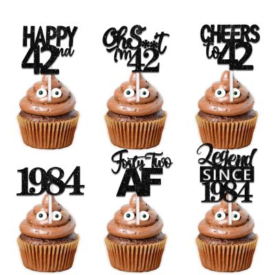 18pcs Black Glitter Happy 42nd Dessert Cupcake Topper Pick for Funny Legend Since 1984 Theme Decor Supplies Men Women Happy 42 Birthday Party Decoration