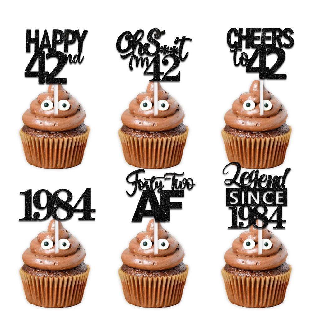 18pcs Black Glitter Happy 42nd Dessert Cupcake Topper Pick for Funny Legend Since 1984 Theme Decor Supplies Men Women Happy 42 Birthday Party Decoration