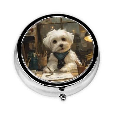 White Puppy Writing Round Pill Case, Funny Animal Portable Pill Box for Pocket Metal Medicine Vitamin Organizer 3 Compartment Three Times A Day