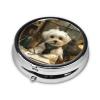 White Puppy Writing Round Pill Case, Funny Animal Portable Pill Box for Pocket Metal Medicine Vitamin Organizer 3 Compartment Three Times A Day view 4