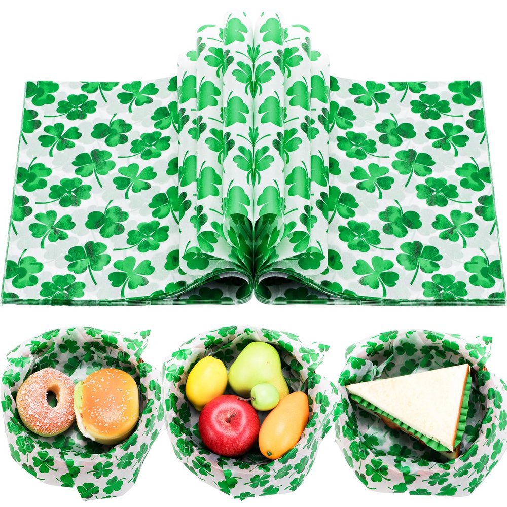 150 Sheets Shamrock Food Wax Paper, 9.8x8.3 Irish Grease Proof Deli Sheets Sandwich Wrap Grease Resistant Paper for Irish St. Patrick's Day Home Kitchen Party Supplies