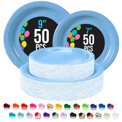 Exquisite Light Blue Paper Plates Disposable Heavy Duty 100 Pcs - 50-7" & 50-9" Light Blue Disposable Plates For Party Heavy Duty Paper Plate 350 GSM Birthday Party Supplies Plate Set