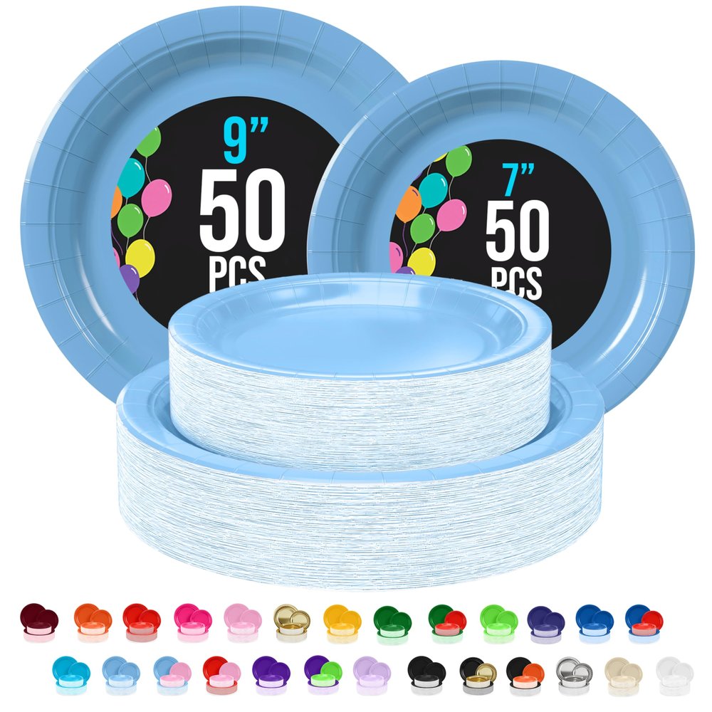 Exquisite Light Blue Paper Plates Disposable Heavy Duty 100 Pcs - 50-7" & 50-9" Light Blue Disposable Plates For Party Heavy Duty Paper Plate 350 GSM Birthday Party Supplies Plate Set