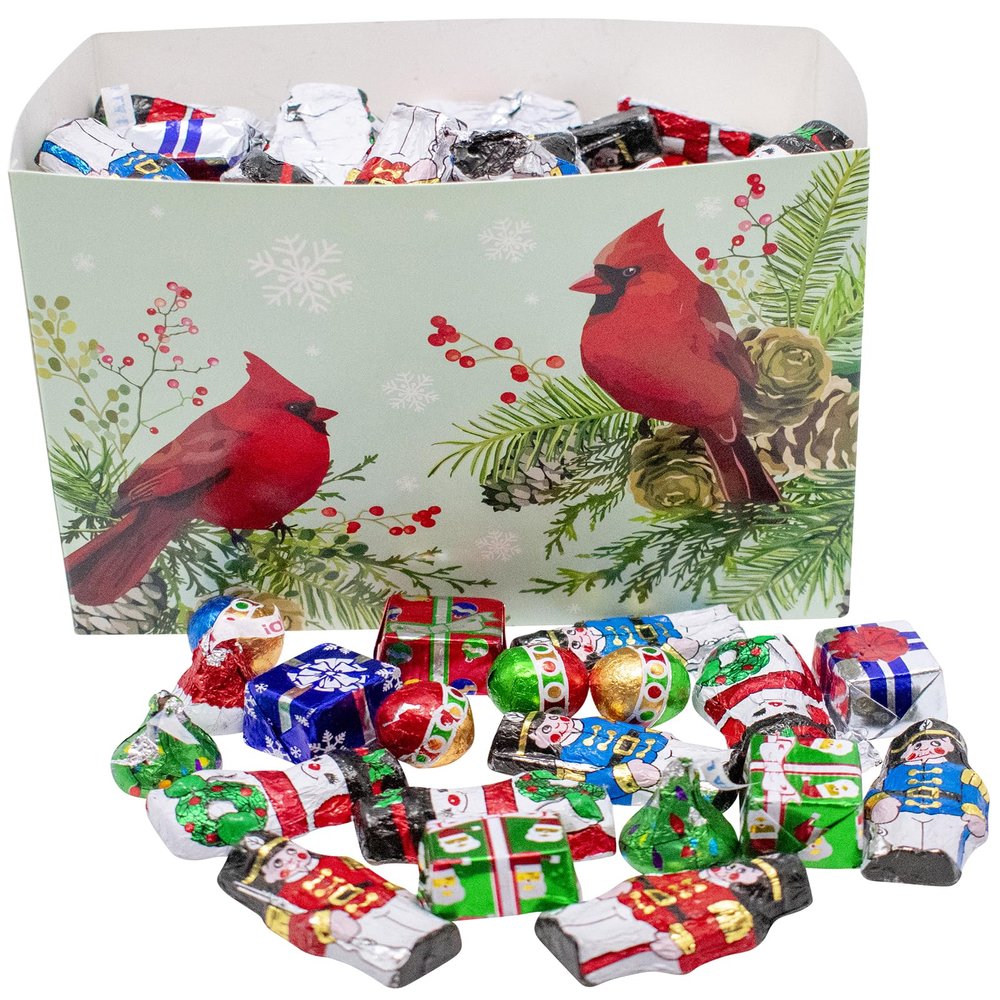 Festive Foil-Wrapped Milk Chocolates in a Box (2 lbs, Christmas - Majestic Cardinal)