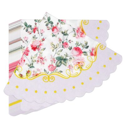 100 Count Floral Tea Party Napkins Disposable Paper Vintage Flower Cocktail Napkin Gold Scalloped Birthday Bridal Baby Shower Wedding Supplies Decorations