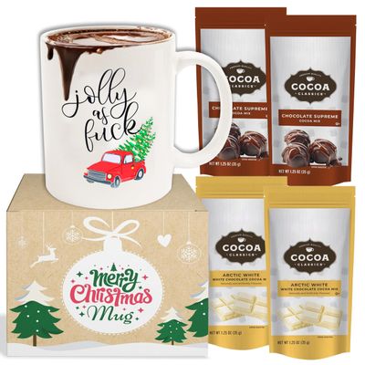 "15 Oz Christmas Gifts Coffee Mug '' Jolly Christmas'' Funny Coffee Mug with 4 Cocoa Classics Hot Chocolate (2 Chocolate Supreme & 2 Cocoa Classics Arctic White Cocoa Mix) Gluten Free & Kosher Dairy Friendly "