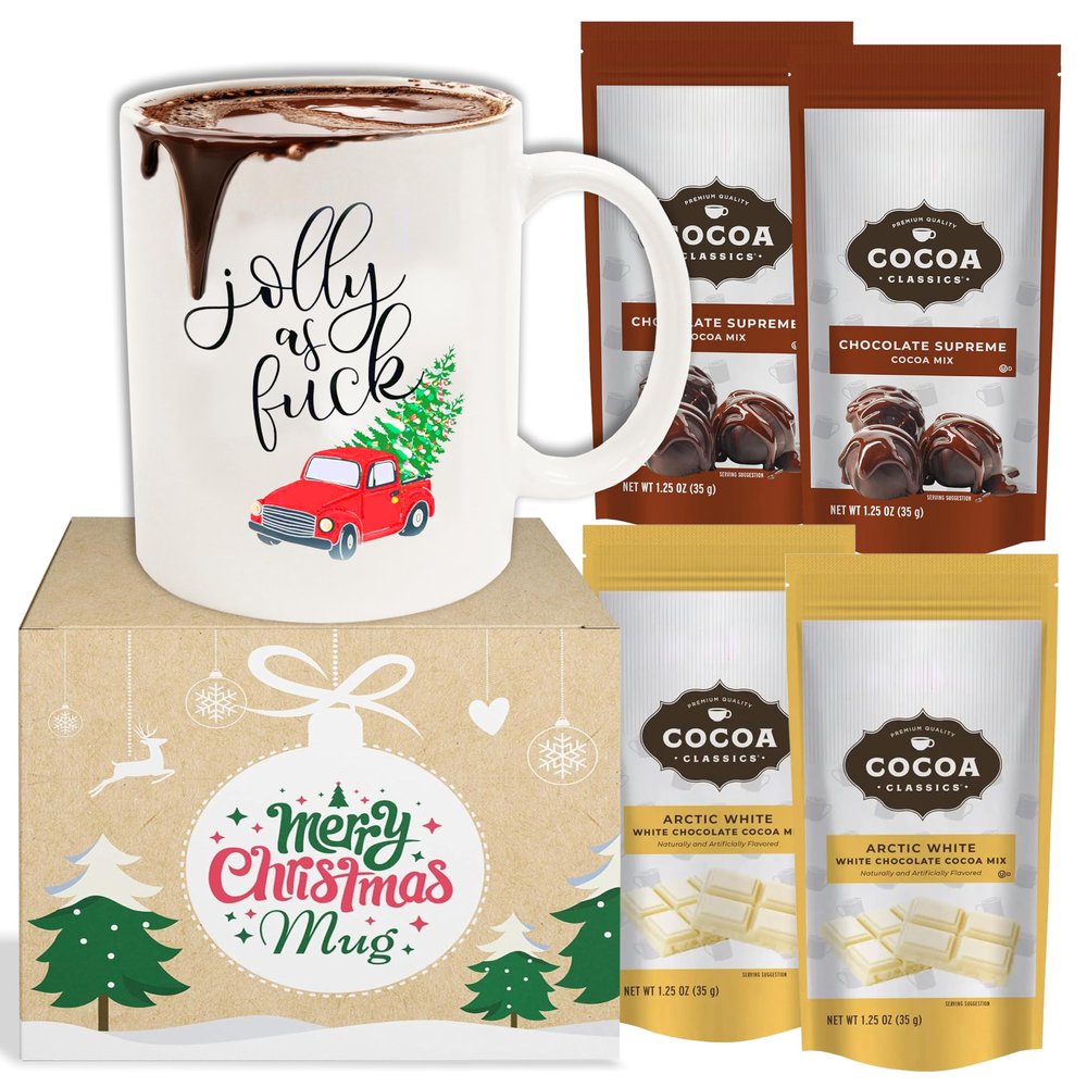 "15 Oz Christmas Gifts Coffee Mug '' Jolly Christmas'' Funny Coffee Mug with 4 Cocoa Classics Hot Chocolate (2 Chocolate Supreme & 2 Cocoa Classics Arctic White Cocoa Mix) Gluten Free & Kosher Dairy Friendly "