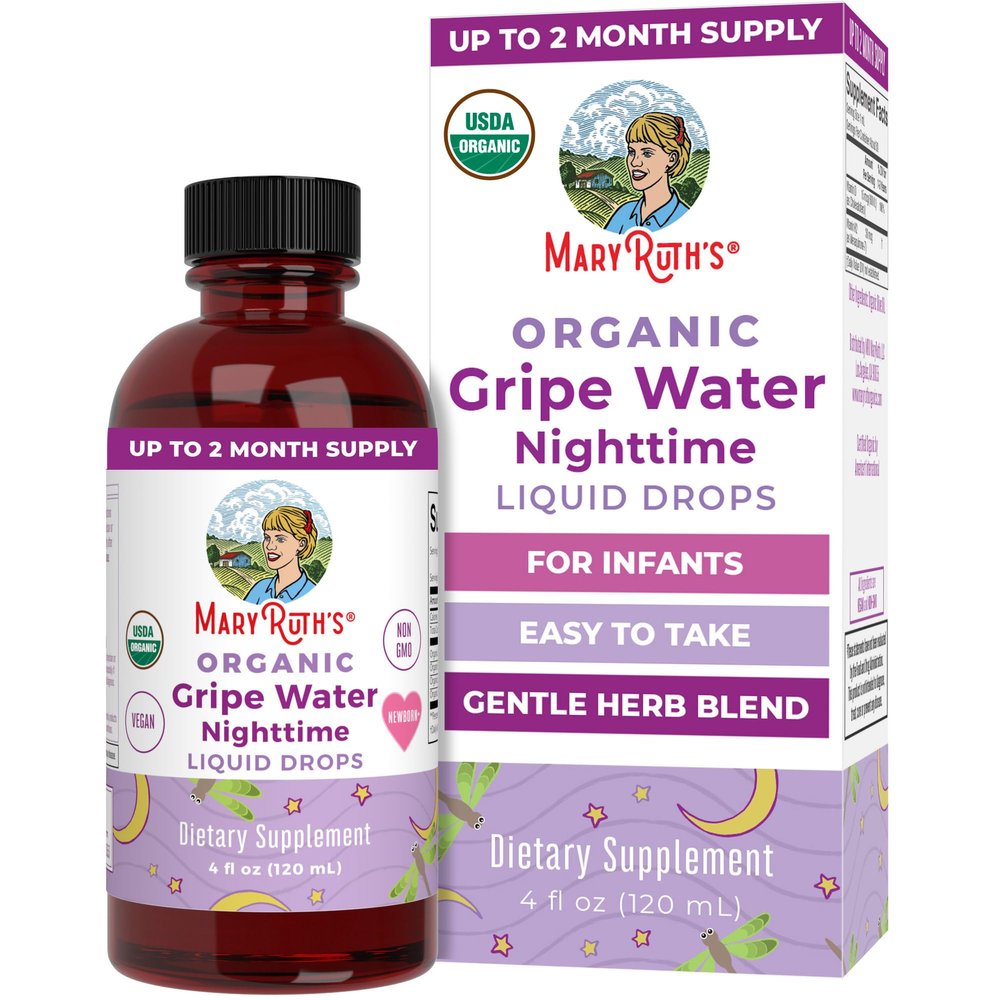 MARYRUTH'S USDA Organic Nighttime Gripe Water for Babies Herbal Blend for Little Tummies | Baby Essentials | Ages 0+ | Ginger Root | Lemon Balm | Fennel Seed | Vegan | 4 oz | 30-60 Servings